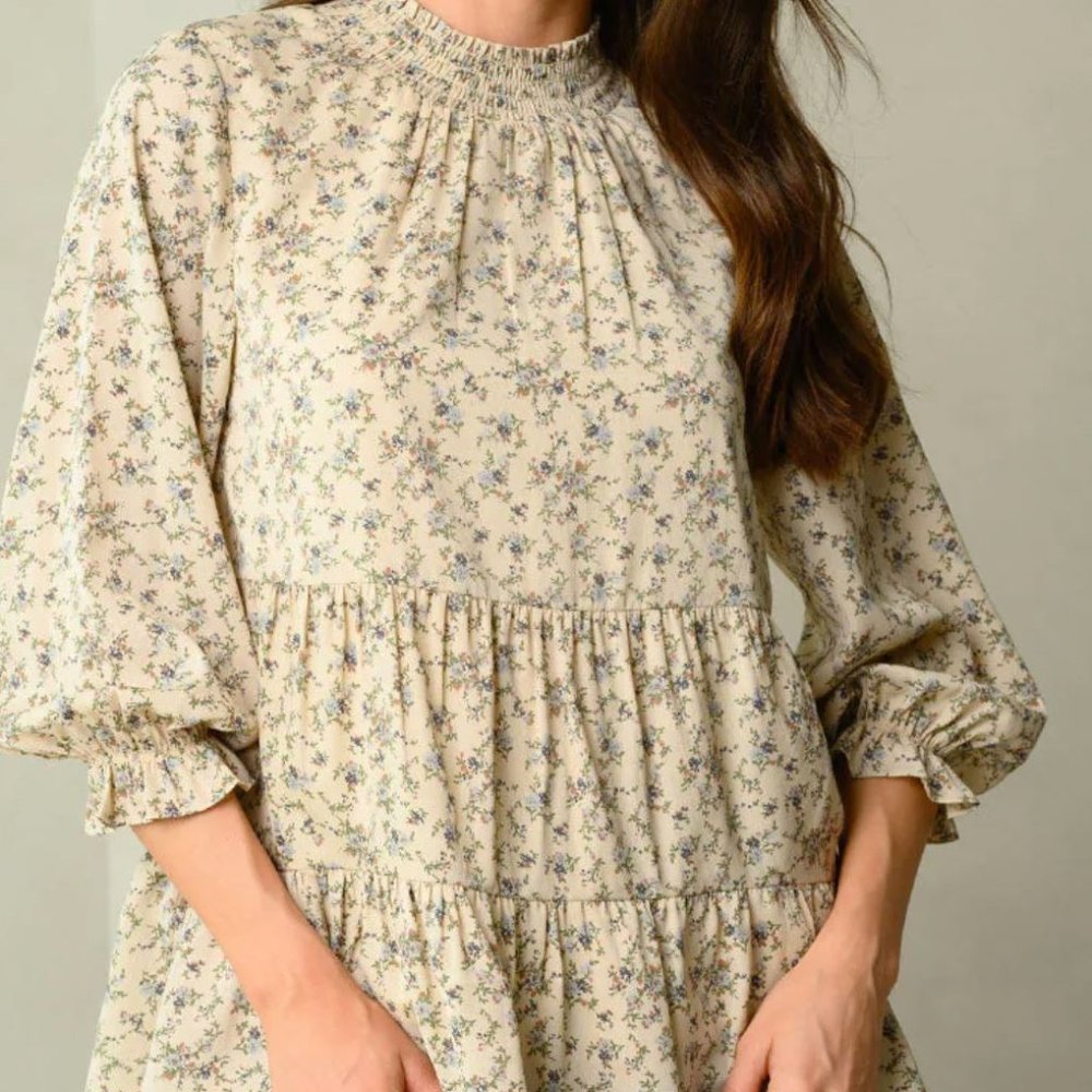 JUNIORS DITSY FLORAL PRINT HIGH NECK TIERED LONG SLEEVE TOP